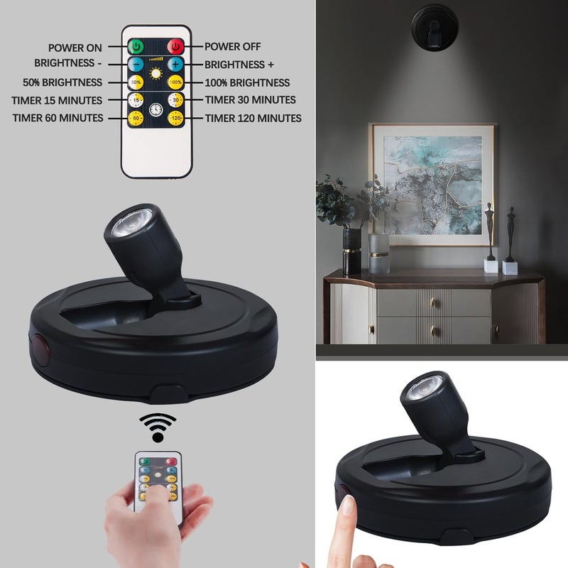 BERGUSTCH Battery Operated LED Spotlight, Picture Spot Lights, Indoor Uplighting, Puck Lights with Remote, Plants Tree Spotlight, Display Light for Paintings Dartboard Portrait Frame-Black - Image 3